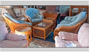 Contemporary Rattan Seven Piece Conservatory Suite With Upholstered Back Rests And Seats, Comprising