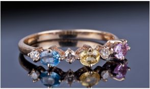 14ct Gold Diamond & Gemset Ring, Set With Three Oval Coloured Stones Between Four Round Cut