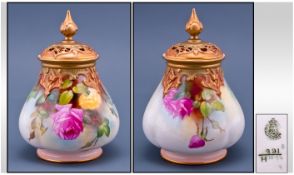 Royal Worcester Hand Painted Lidded Potpourri ' Roses ' Stillife. Date 1912. Height 6.5 Inches.
