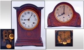 Two Mantle Clocks 1. Oak Cased Art Deco Clock, silvered dial with Arabic Numerals, 9 inches in
