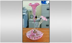 Tall Glass Epergne, pink and clear glass. Raised decoration. A/F condition. Height 19 inches.