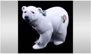 Lladro Ceramic Attentive Polar Bear With Flowers Figure, 4.5 inches in height,  1997, sculptured