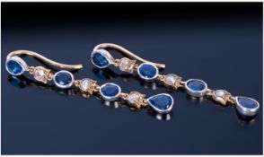 Sapphire And Diamond Drop Earrings, Set With Alternating Pear Shaped Sapphires And Rose Cut