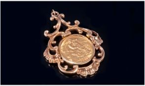George V, 22ct Gold Half Sovereign, Date 1913. E.F. Condition, Set In a 9ct Gold Ornate Pendant.
