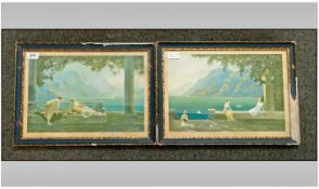Pair of Framed Coloured Prints, after the artist classical maiden scenes with mountain and lake back