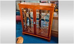 Modern Yew Wood Display Unit , astral glazed front, glazed side panels, Mirrored back with two