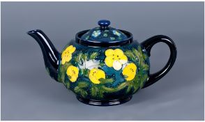 Moorcroft Teapot ' Yellow Buttercup ' Design on Blue Ground. Height 4.75 Inches. Excellent