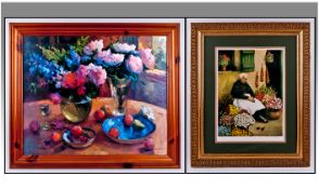 A Large Framed Floral Print, in pine frame. 34 x 30 inches. Together with a gilt framed print of