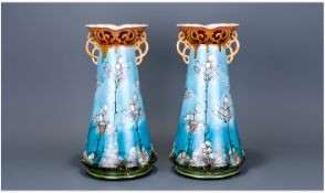 Minton - Secessionist Pair of Large Impressive Turquoise Vases, with Stylished Decoration. c.1900.