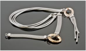 Silver Italian Designer Necklace And Bracelet Set, Central Oval Gilt Ring Set Between Four Tubular