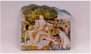 A Coloured Picture/Print On A Slate Panel With Rough Edges, depicting nude bathers.