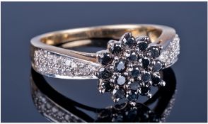 9ct Gold Diamond Cluster Ring, Set With A Central Cluster Of Black Diamonds With White Round Cut