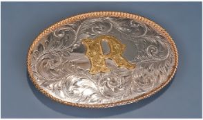 Montana Silversmiths German Silver Oval Buckle, Floral Engraved Decoration, Applied Gilt Letter "