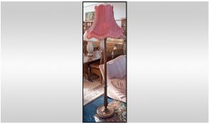 Walnut 1930's Standard Lamp. With pink silk shade and reeded column.