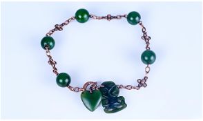 9ct Gold Bracelet Set With Jadeite Stone Beads And Maori Tiki Charm, Stamped 9ct c1890