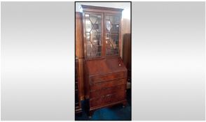 Reproduction Mahogany Chippendale Style Bureau Bookcase, With a Astral Glazed Top Above A Fall Front