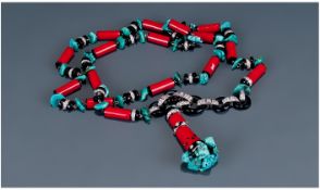 Art Deco Necklace, Set With Red Plastic Tubular Links With Turquoise, Black Discs And Paste Set