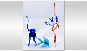 Murano 1970's Hand blown Stylished Elephant, Fish and Bird figures. 3 in total. Bird on a tree 11.75