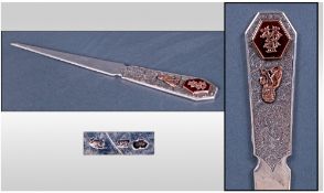Austrian Silver Paperknife, The Engraved Handle With Applied Gilt Lion Motif And Hardstone Set