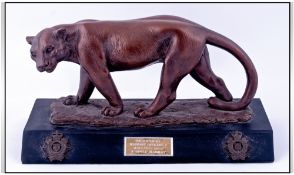Bronze Effect Resin Brian Elton Panther Sculpture, raised on a black rectangular base. Plaque to