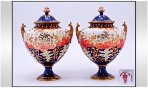 Royal Crown Derby Fine and Impressive Pair of Two Handle Vases, Decorated In Orange, Blue and