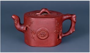 Chinese Terracotta Teapot, In Dark Brown With Applied Foliate/Prunus Decoration, Character Marks