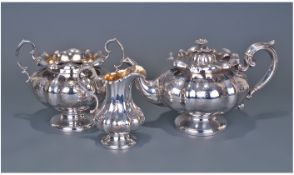 Victorian Good Quality Silver Plated Melon Shaped 3 Piece Tea Service. Gilt Interior. Teapot 6.25