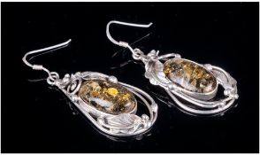 Pair Of Silver Drop Earrings, Each Set With A Amber Coloured Stone. Complete With Box.