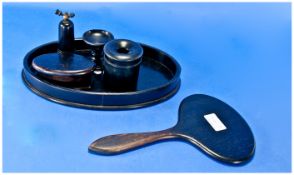 Victorian Ladies Ebony Six Piece Dressing Table Set including tray, atomiser, hand mirror, lidded