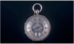 Victorian Fine Silver Large Size Open Faced Pocket Watch. With silver dial and gold numerals.