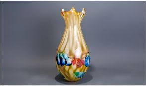 Large Heavy Decorative Glass Vase, yellow swirls with mottled effect floral decoration. 17 inches in