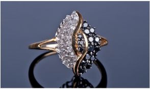 9ct Gold Diamond Cluster Ring. Set With Round Cut Black & White Diamonds, Fully Hallmarked, Ring