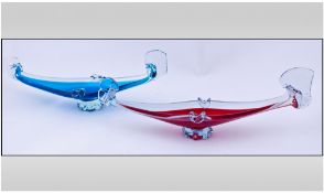Murano Glass - 1960's Pair of Stylised Gondola's. Blue and Red Colour. 12.5 Inches High.