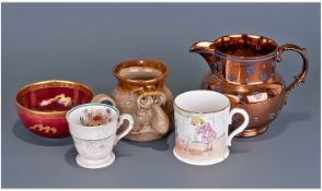 Small Collection of Pottery comprising copper lustre jug. Carlton Ware dragon lustre red bowl, a