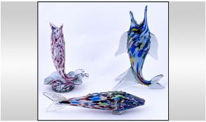 Murano Stylistic 1960's Large Multicoloured Dolphin Figures, 3 in total. Sizes 1. 14.25 inches high,