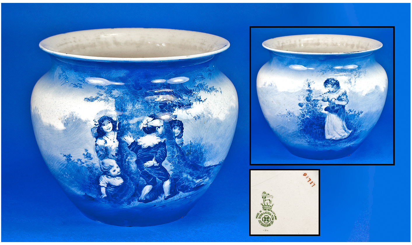 Royal Doulton Large Antique Jardiniere "Babes in the Wood", children's blue and white, "Hide and