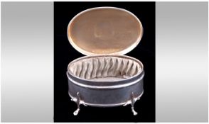 Edwardian Small Silver Oval Shaped Lidded Trinket Box. Raised on four paw feet. Hallmark London