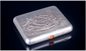 A Russian White Metal Cigarette Case of Rounded Square Shape and With Orange Cabochon Thumb piece.