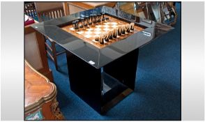 Square Modern Black Gloss Italian Games Table, Square top, inset with chess board, raised on a