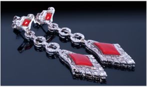 14ct White Gold Art Deco Style Diamond Drop Earrings, Each With Shaped Coral And Millegrain Set
