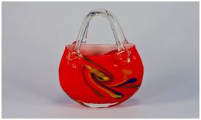 Murano Art Studio Design Vase in the Shape of a Handbag, bright orange in colour. c 1960's. 7 inches