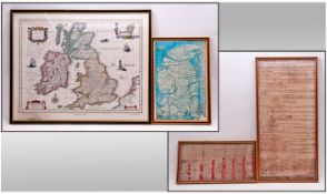 Various Framed Reproduction Documents comprising Maps, 'The Magna Carta' 1215 and 'The Death Warrant