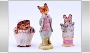 Beswick Beatrix Potter Figures, 3 in total. 1, Mrs Tiggy Winkle small size, back stamp B2A 1st