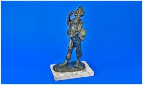 Spelter Figure of a Newspaper Street Vendor, the boy, dressed in open shirt and loose three-