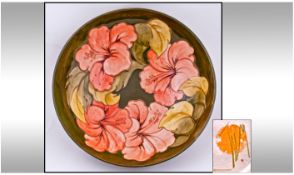 W. Moorcroft Signed Large Footed Bowl ' Coral Hibiscus ' Design on Green Ground. Height 3.25 Inches,