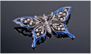 Blue Enamelled Butterfly Brooch, Of Openwork Form Set With Seed Pearls And Ruby Set Eyes. 30 x