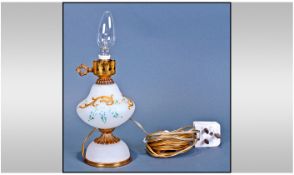 Glass Table Lamp, in the form of an oil lamp with frosted glass body with gilt and coloured etched