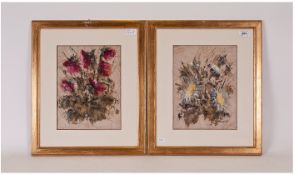 Pair of Framed and Glazed Modern Abstract Floral Paintings. Continental Origin. Signed Luciano