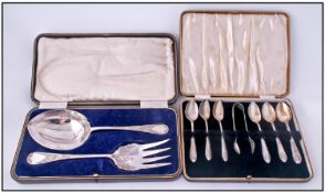E. Viner Boxed Set of Six Silver Teaspoons and Matching Sugar Nips. Hallmark Sheffield 1941 + a