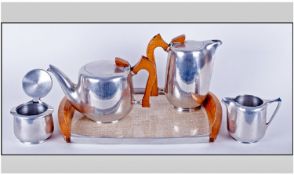 Picquet Ware Five Piece Tea And Coffee Service. All with wood handles. Comprising teapot, coffee